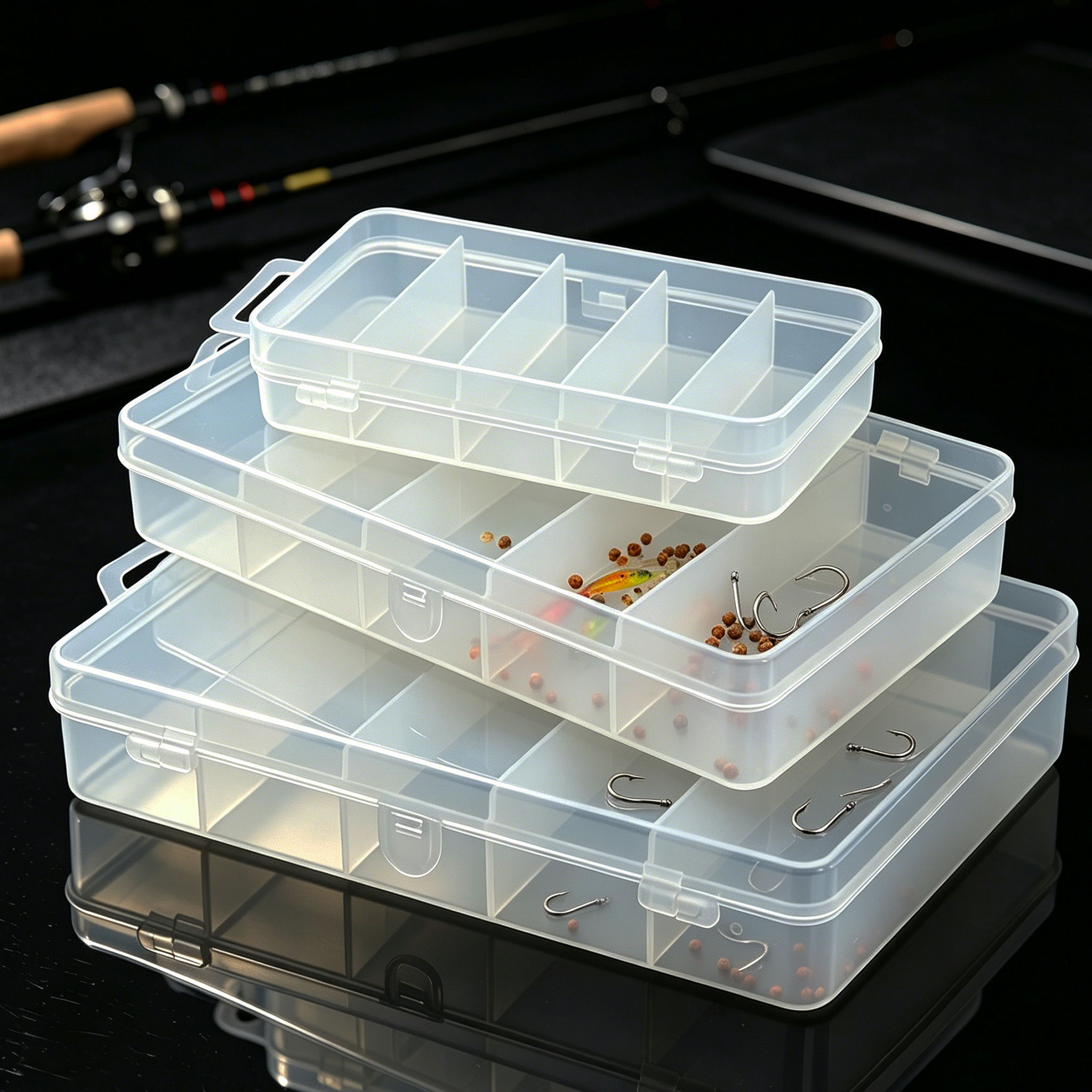 Fishing Lure Box - 1/3個入り 3サイズのプラスチック製釣り餌、釣り道具箱、透明5グリッド釣り針箱、餌釣り針箱