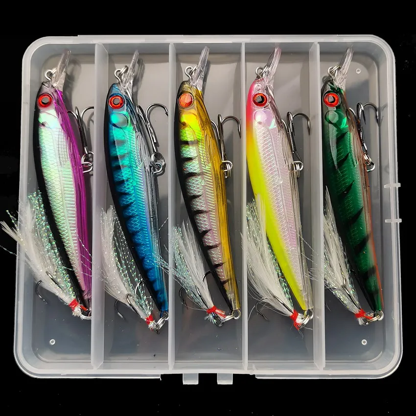 Fishing Lure Box - 3Dレーザーアイミノールアー,フェザー付きハードベイト,最大キャッチ,5ピース/箱,13.3g/6.8g