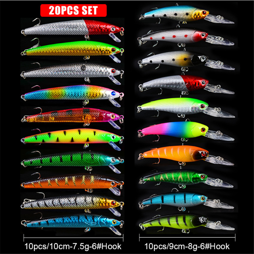 20ピース/ロットミノー釣りルアーセットバスフレッシュ塩水フ - Fishing Lure Crankbait のレビューと価格